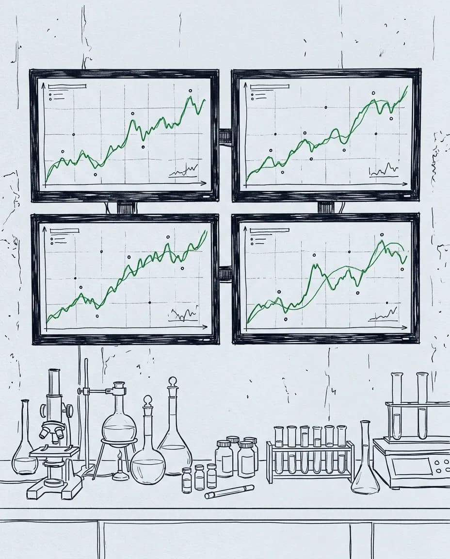 Four synced oscilloscopes on the test wall